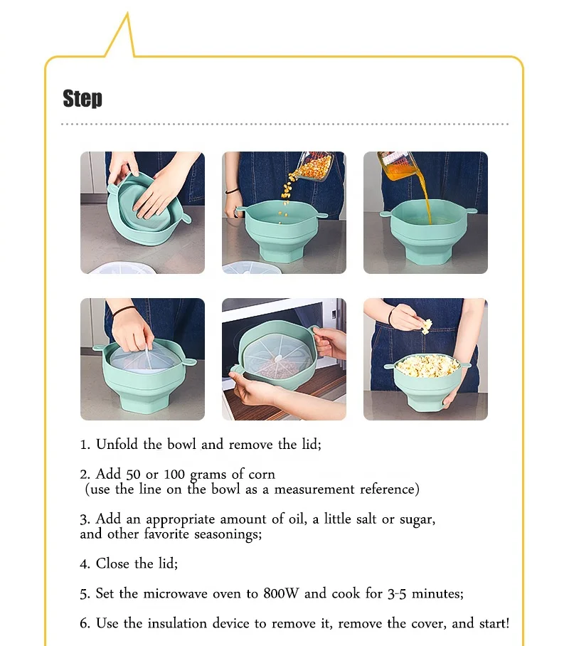 BPA Free Silicone Popcorn Maker Microwave Bowl Silicone Microwavable Hot Air Popcorn Maker Collapsible Popcorn Bucket