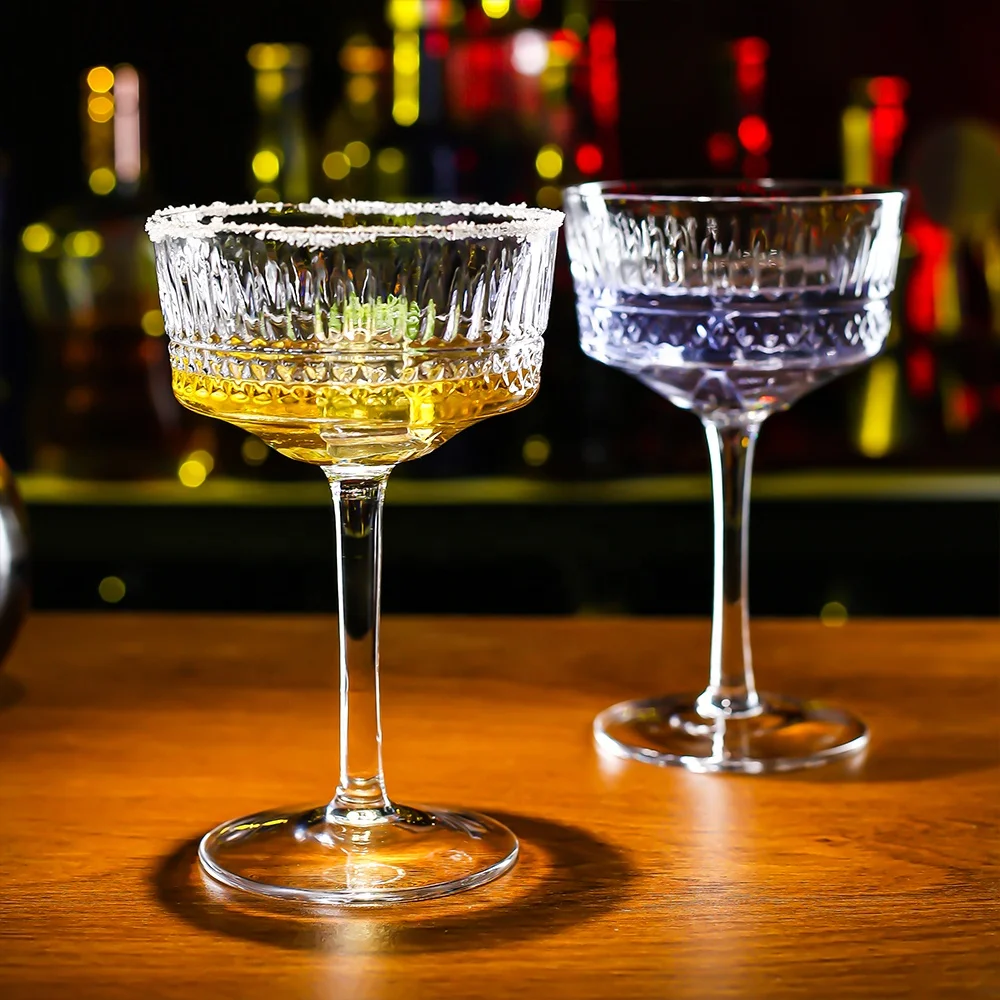 Vintage Coupe Glasses Long Stem Embossed Texture Martini Glass Cup Cocktail Glasses Goblet