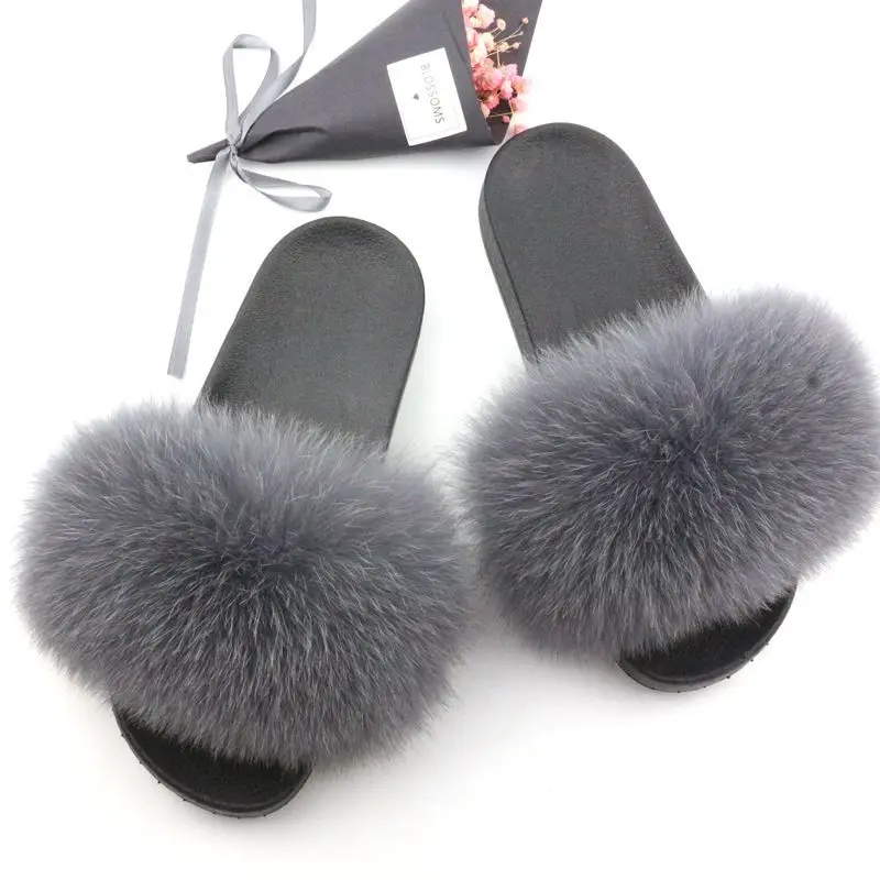 Real Fur Slides Fox Slippers Women Fluffy Slippers Fox Fur Slipper
