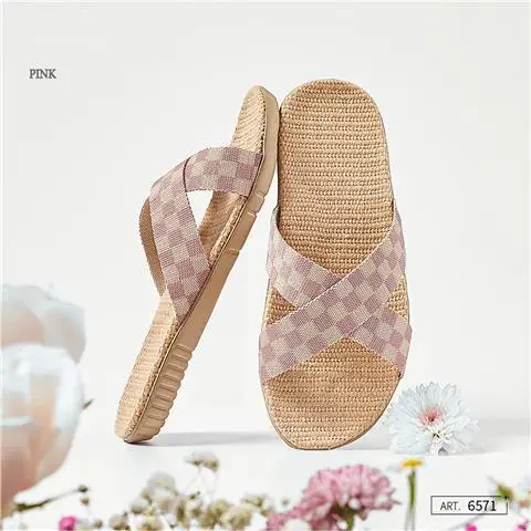 Women Indoor House Slippers Summer Linen Silent Sweat Absorption Slides Fluffy Cross  Female Flax Belt Bedroom Home Casual Shoe