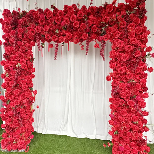 SA wedding backdrop decor floral arch square stand frame silk rose flowers decor entrance purple red flower arch for event party