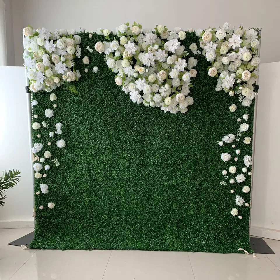 Customized Artificial Floral Green Leaves Wall Backdrop White Flower Panel for Wedding Flower Decor
