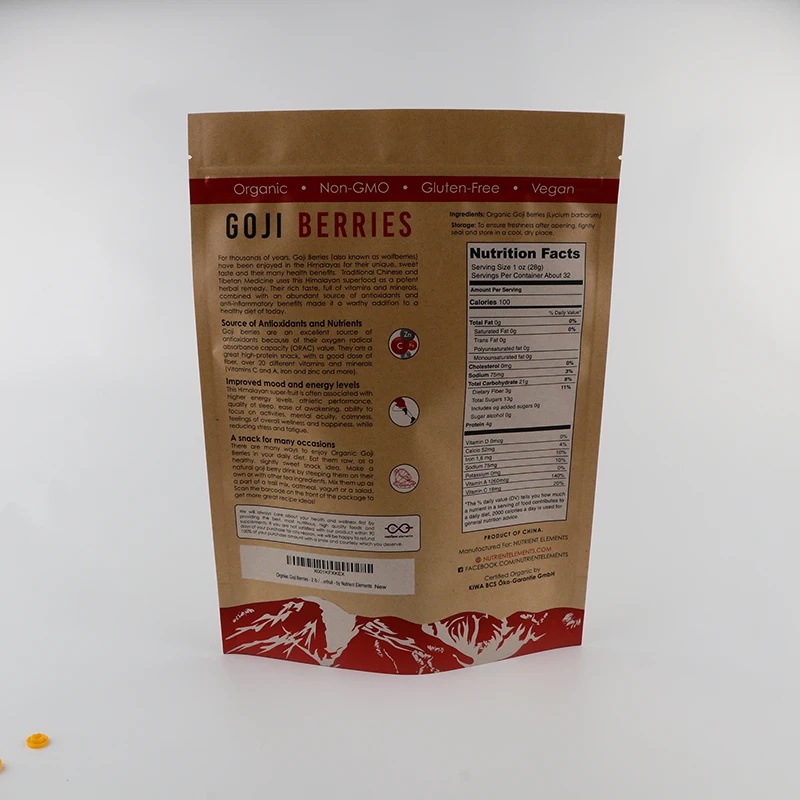 Custom Logo Printed 2 lB Stand Up Brown Kraft Paper Ziplock Pouch For Goji Berry Packaging