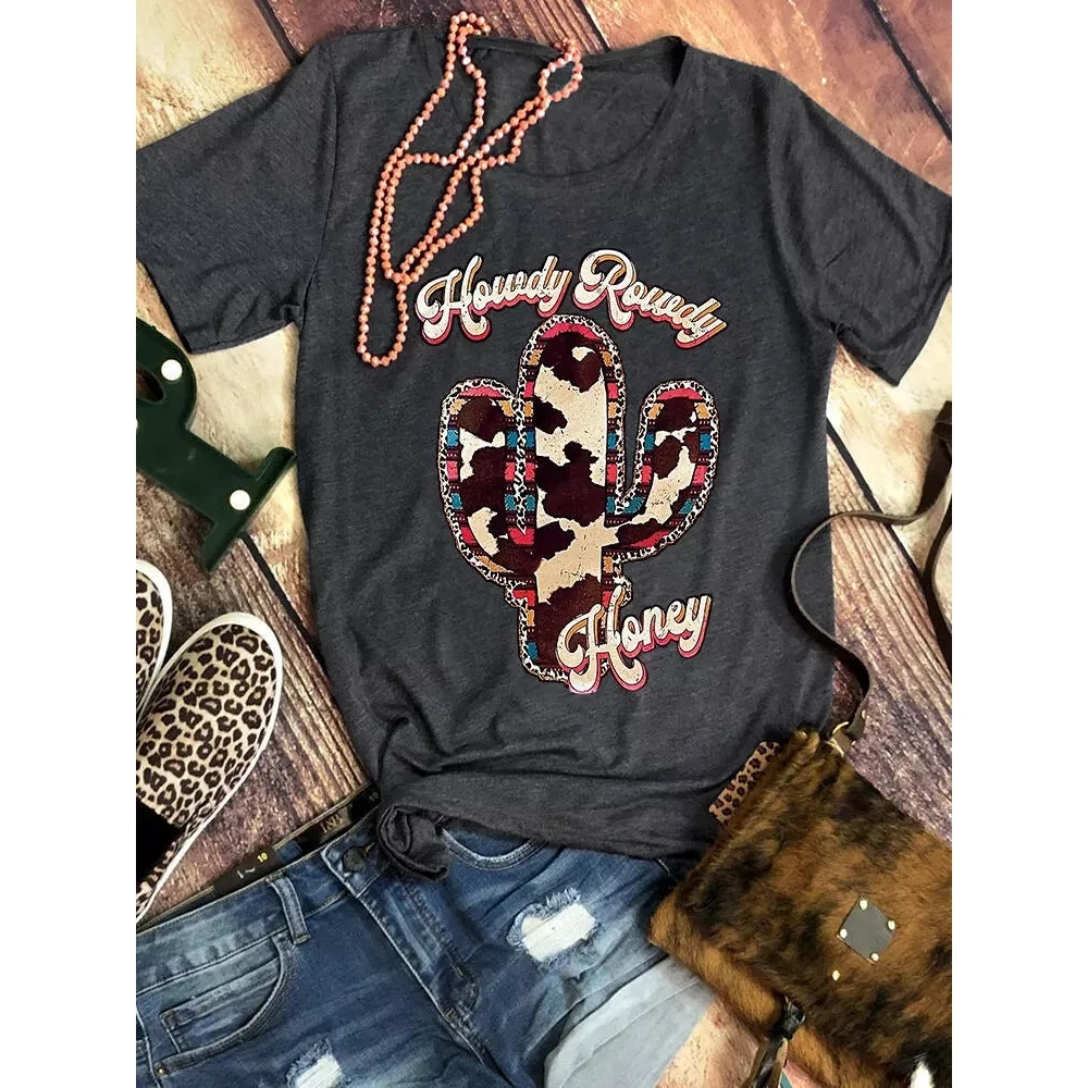 Wholesale Customized Ebay Amazon Wish Howdy Rowdy Honey Cow Cactus T-Shirt Tee