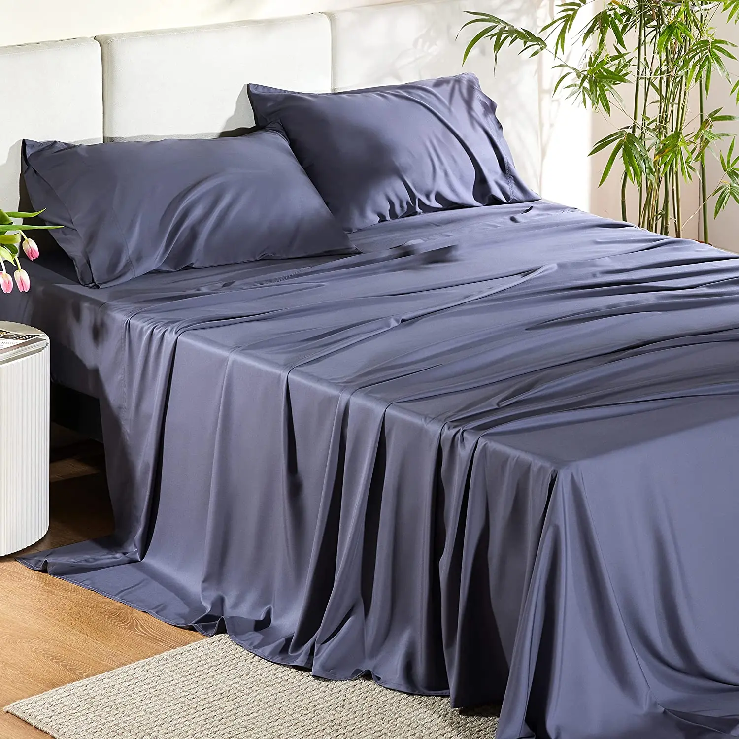 2024 New Arrival Hot sale 100% organic bamboo Cooling Bedding Sheets Set Luxury customized solid color bedding set bedsheets