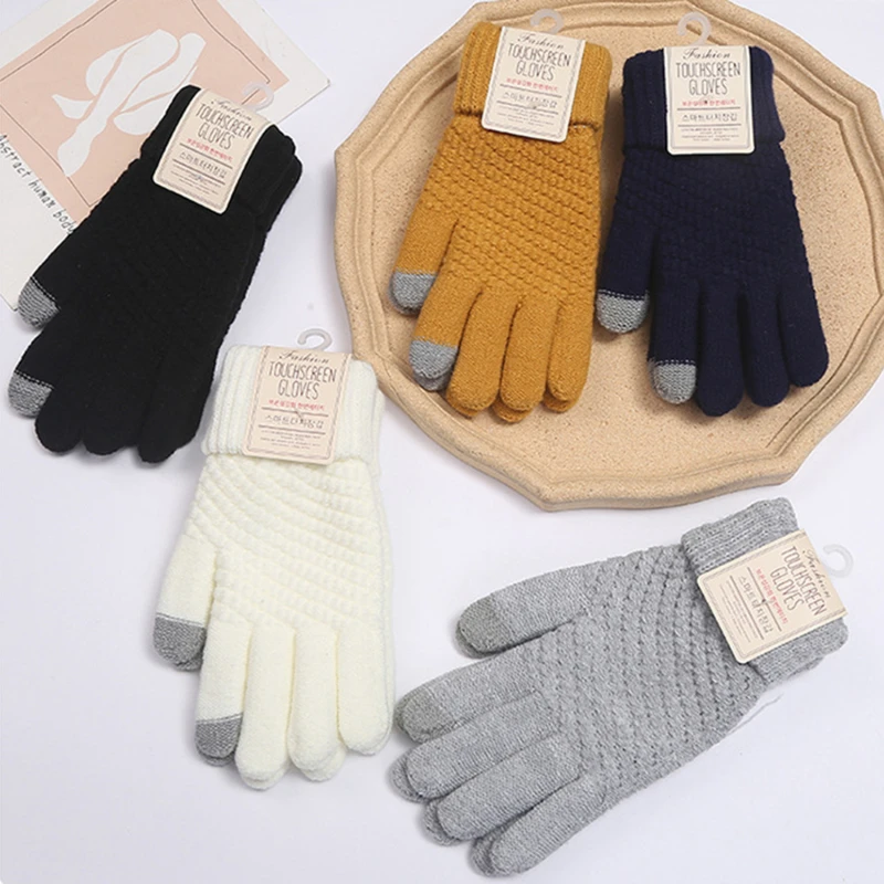 Winter Touch Screen Gloves Women Men Warm Stretch Knit Mittens  Wool Full Finger Guantes Female Crochet Luvas Thicken