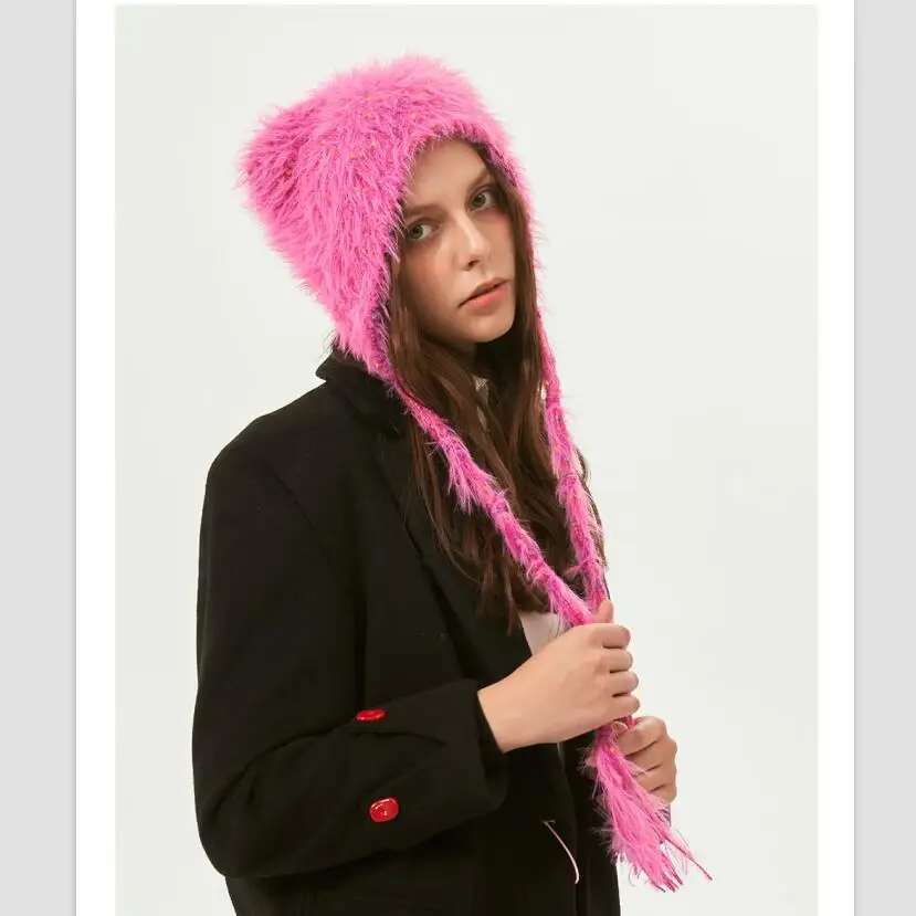 Fuzzy Rainbow Bear Ears Beanie for Women Coloful Thick Knitted Ears Protection Winter Hat Fuchsia Tie Dye Toque