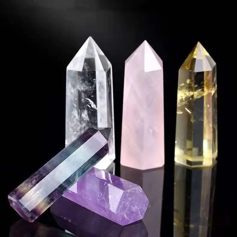 Natural crystal quartz stone hexagon column ornaments amethyst rose quartz aventurine tiger eye hexagon prism point towel crafts