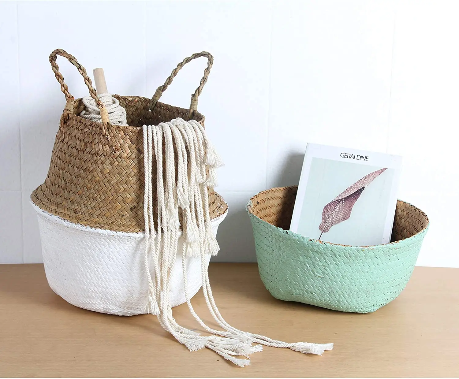 Large capacity rattan baskrt Woven Seagrass Belly Basket for Storage Laundry Picnic Plant Pot Cover and Grocery and Toy Storage
