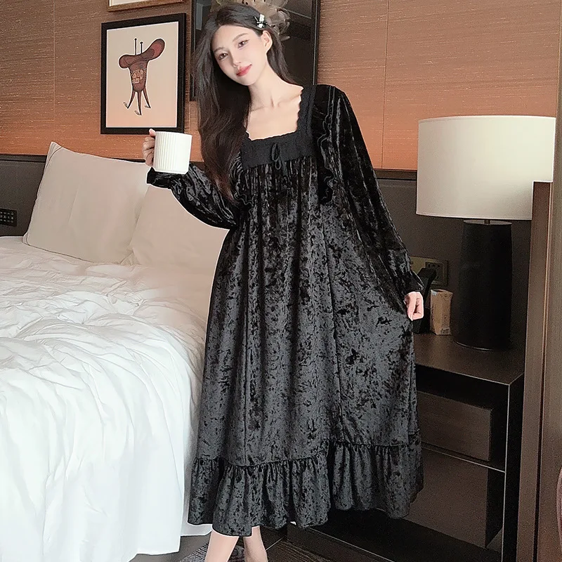 Hot Golden Velvet Square Neck Lace Night Dresses for Women Long Sleeve Autumn/Winter Home Clothes