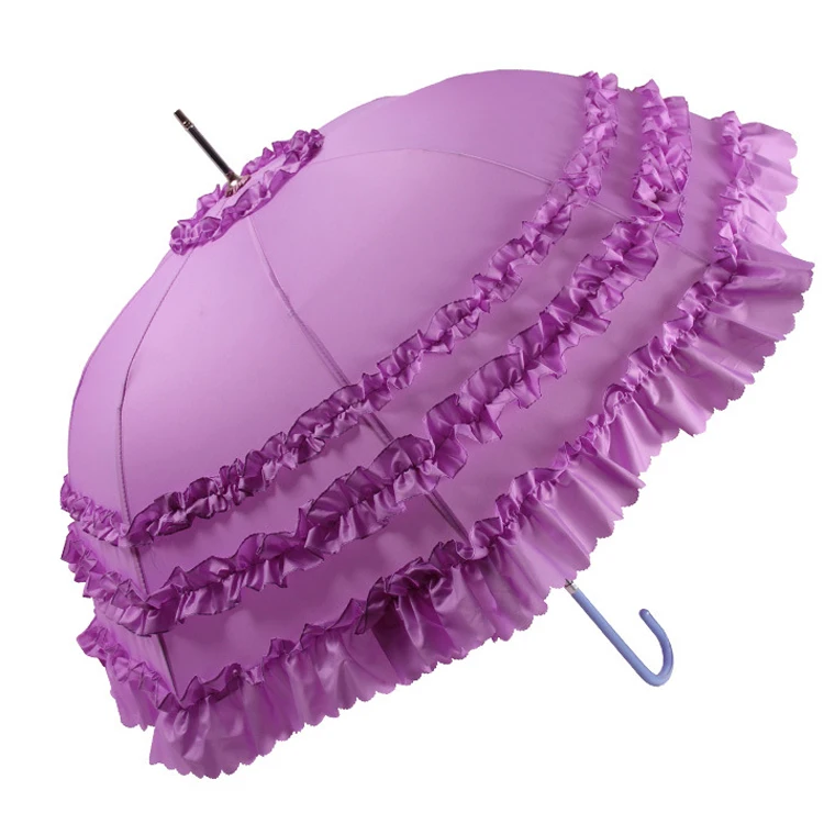 Hotest 23inch 8K Manual Open Leather Handle Three Ruffles Pagoda Shaped Arch Lace Wedding Umbrella with Custom Color