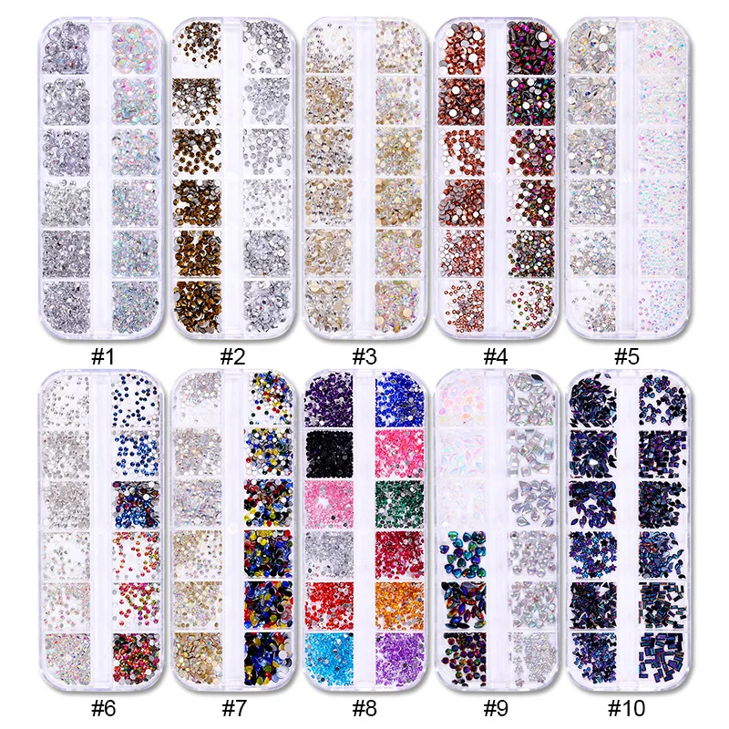 12 коробок/набор усеяны искусственными драгоценными камнями; Со стразами; С камнями и 3d Блеск для ногтей