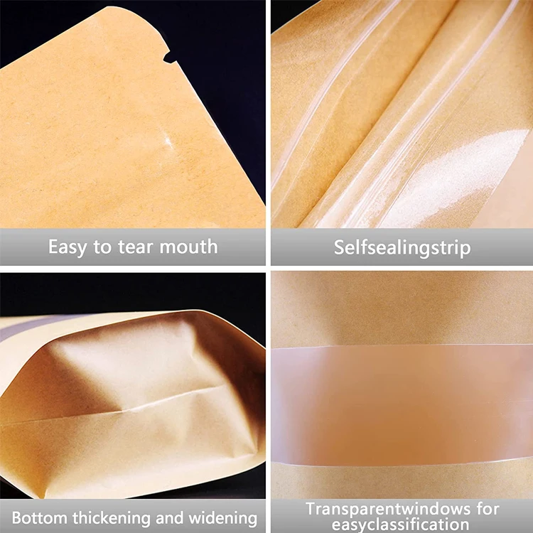 Compostable 100% Biodegradable Kraft Paper Dried Mango Raisins French Fries Food Packaging Snack Bags with Reusable Zipper