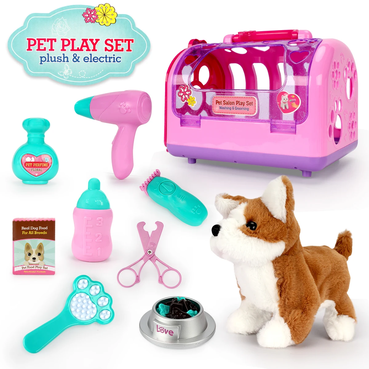Electric Stuffed Plush Dog Chihuahua Cute Beautician Pet Toy Set With Cage Carries Pretend Role Play Toy