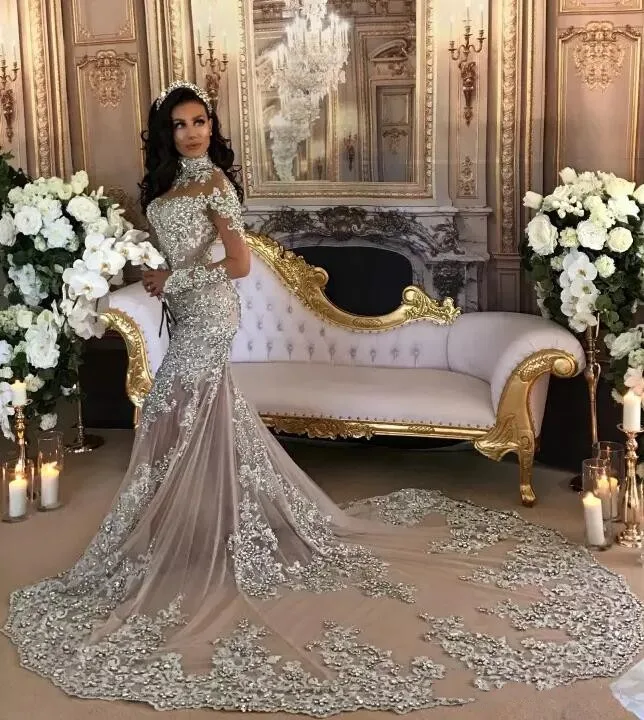 Wedding Apparel & Accessories Luxury Sheer Long Sleeve Mermaid Wedding Dresses 2022 Major Beading with Appliques High Neck Cour