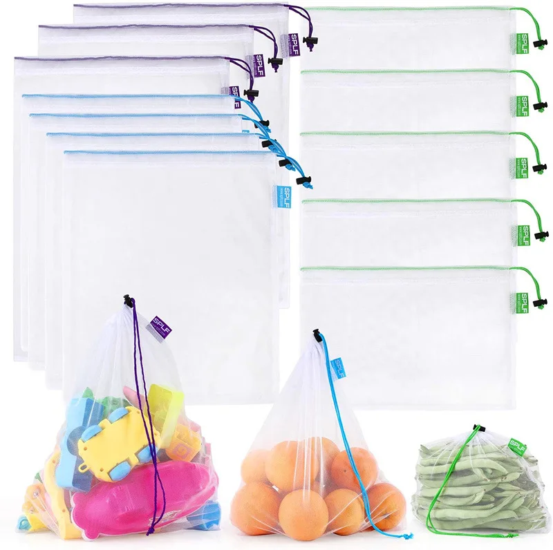 Heavy Duty Reusable Rpet Polyester Produce Barcode Scanable Safe Grocery Shopping Through Food Drawstring Mesh Bags For Fruits