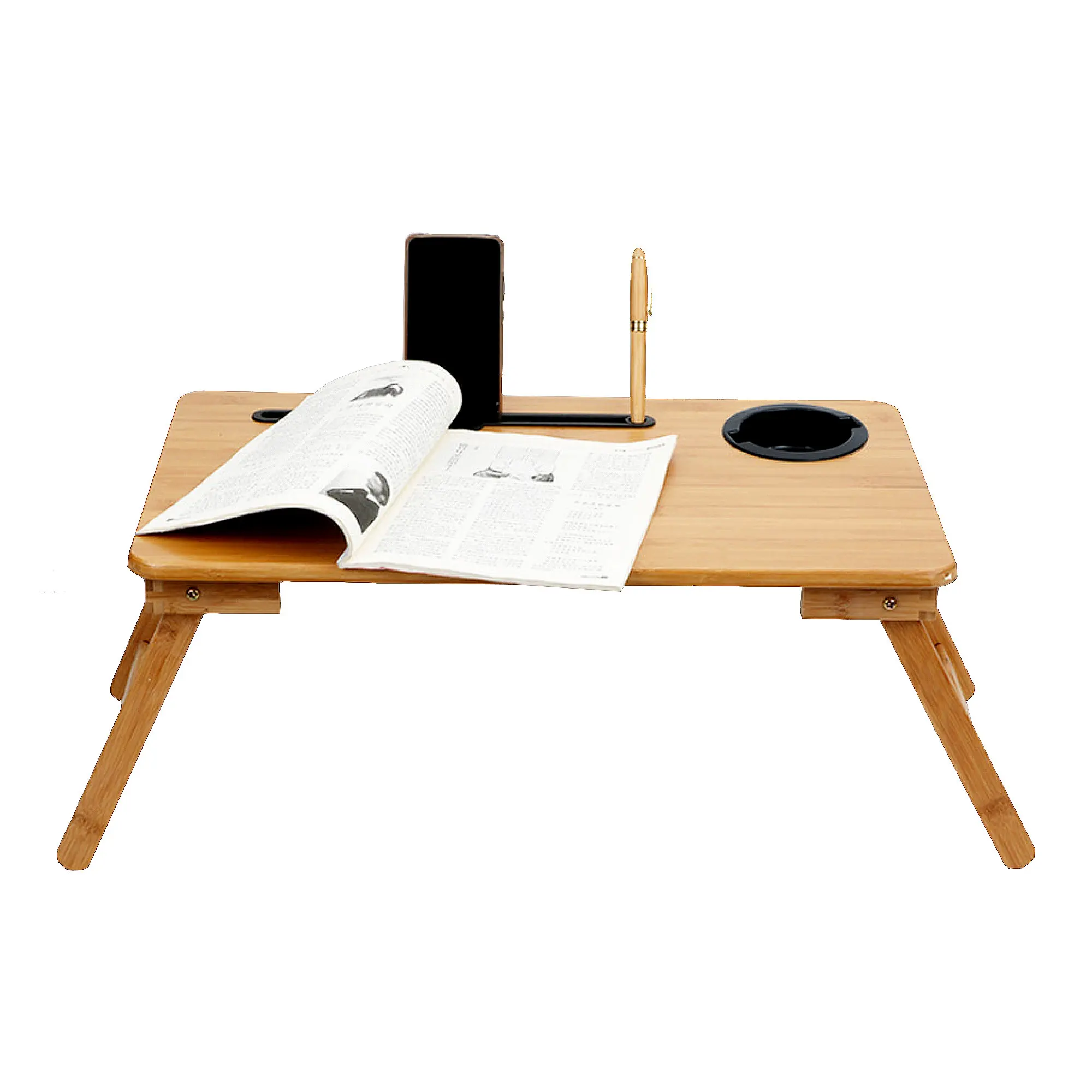 Hot Selling Solid Bamboo Foldable Laptop Table Breakfast Serving Bed Tray Notebook Computer Desk with Cup Holder