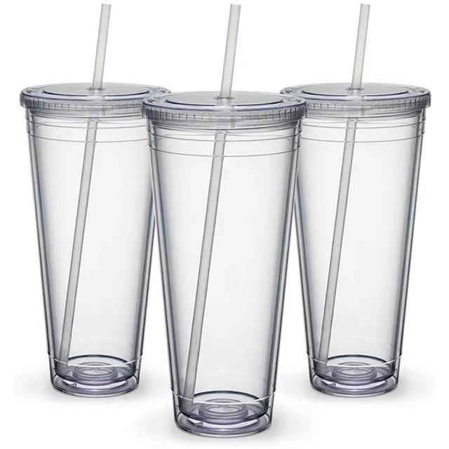 
24oz Reusable Travel Ice Coffee Mugs Double Wall Insulate Clear Plastic Tumblers With Straw And Lid In Bulk 