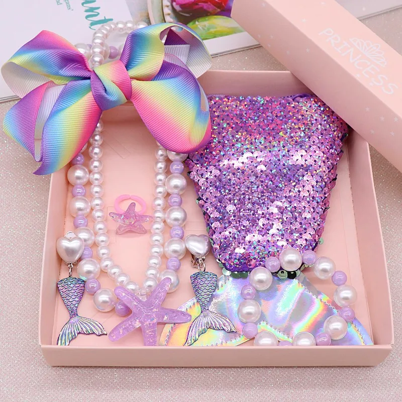 Kids Necklace Bracelet Ring Ear Clip Set Cute Starfish Necklace Girls Jewelry Set