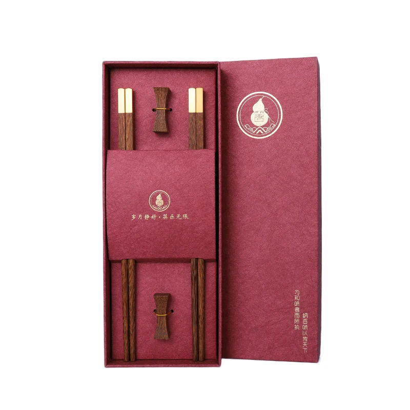 Non-slip Chinese Japanese Style Chopsticks Set Solid Wooden Chopsticks Chinese Business Gift 2 Pairs Set with Rack