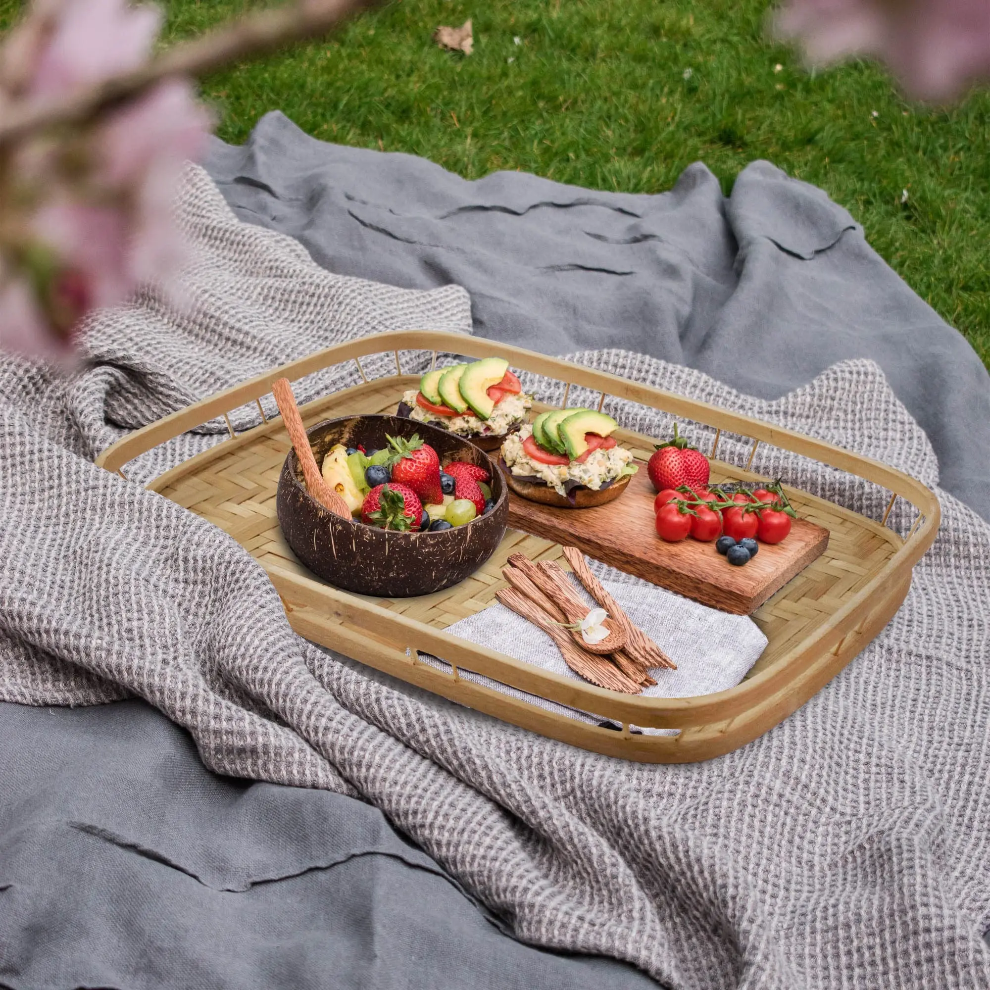 Bamboo Wicker Serving Trays for Food, Rectangular Lap Trays for Foods & Drinks. Decorative Trays for Coffee Table