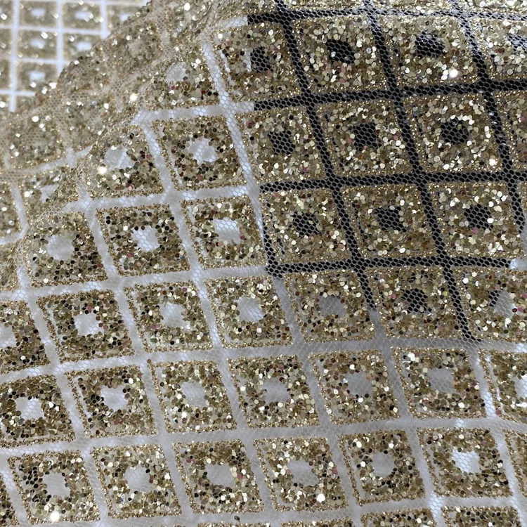 Hot sale gold sequin tulle fabric mesh rhombus combination wedding dress fabric