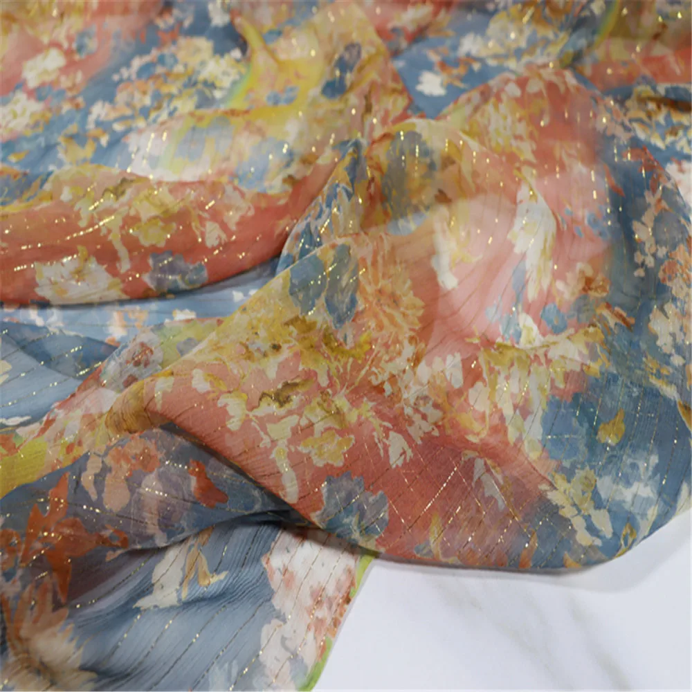 Soft Organic Natural Mulberry Silk Crepe chiffon Shiny Metallic Lurex Gold fabric  for Women Dress Scarves