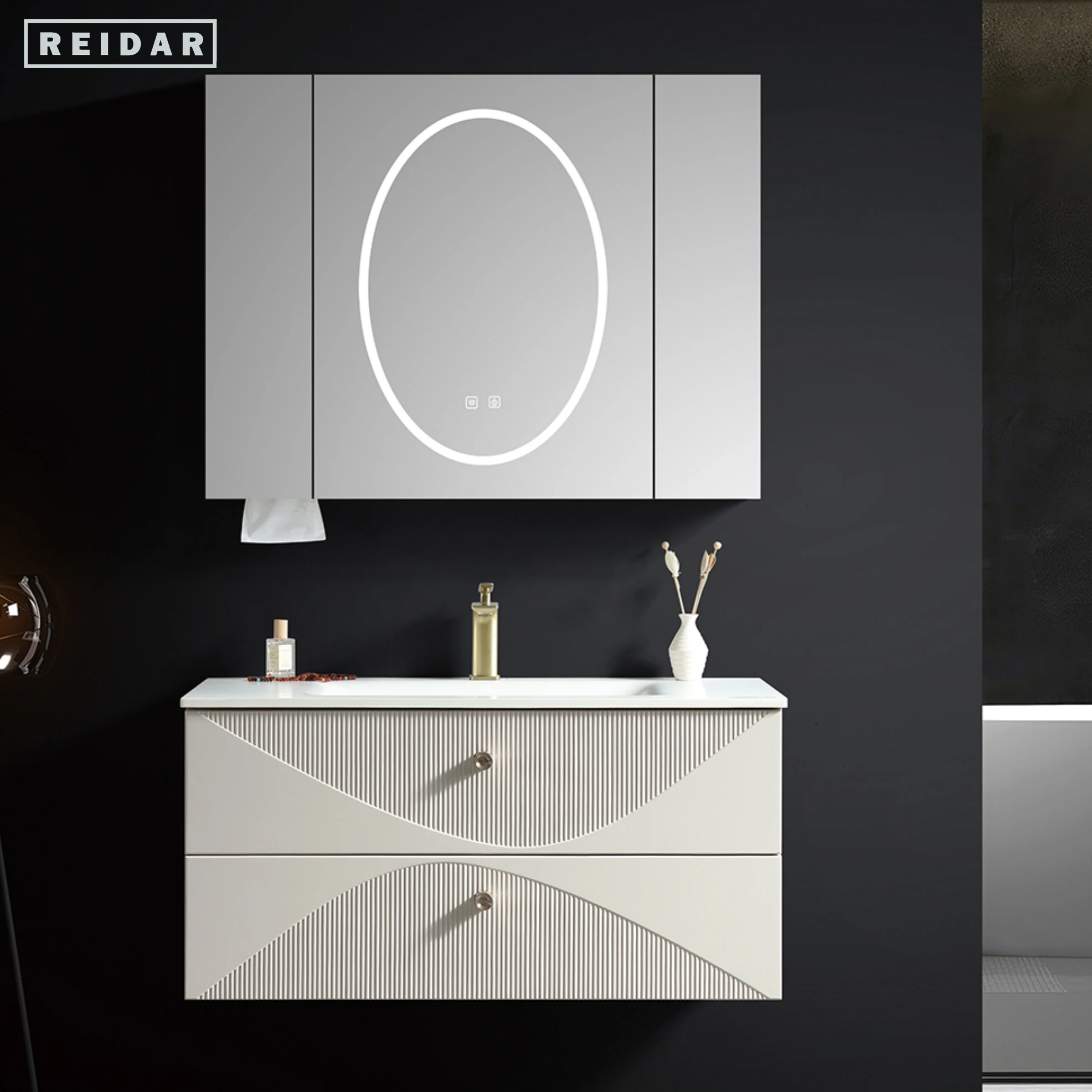Light Luxury Single Basin Bath Cabinet Single Sink PVC Storage Bathroom Vanities With Countertop Hand Wash Basin With LED Mirror