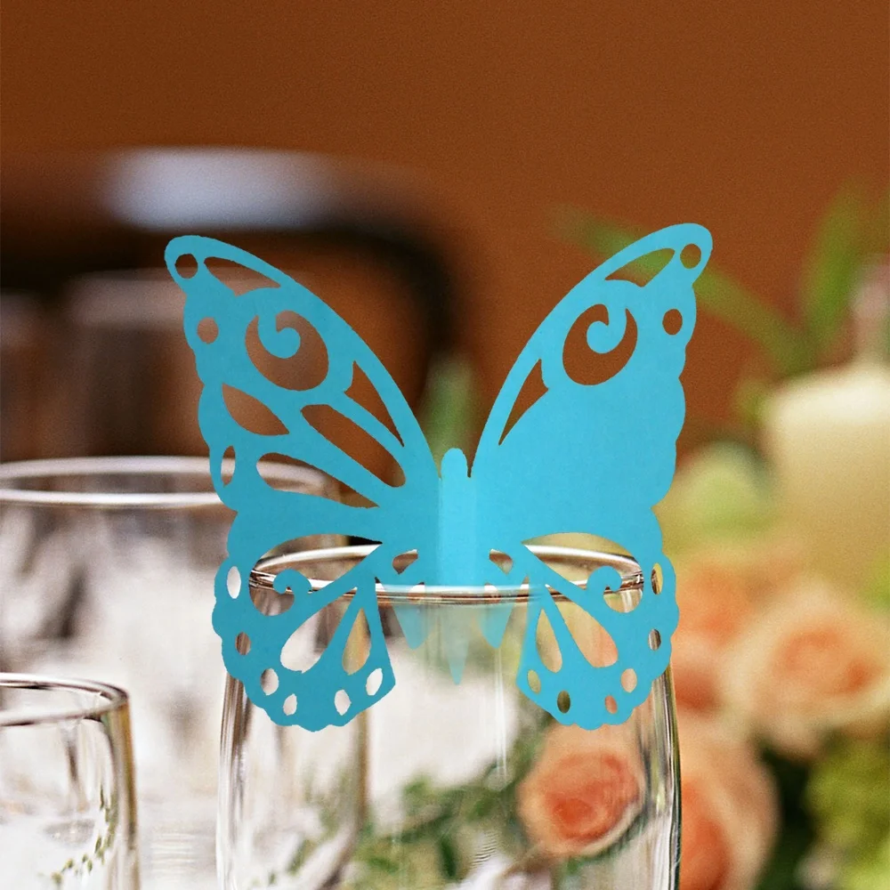 Butterfly Wine Glass Cards Name Place Cards Laser Cut Wine Cup Decoration Postcards Wedding Centerpieces Table Decoration (Pink)