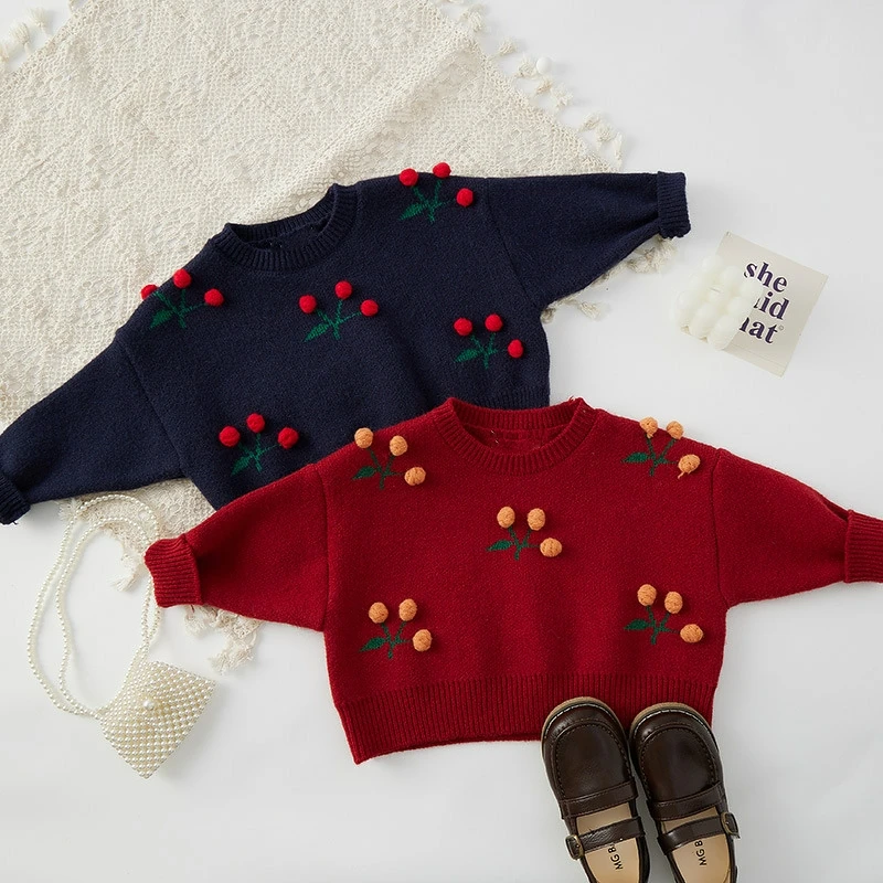 Пуловер Вишневый для девочек, свитер, детская одежда, вязаный органический хлопок