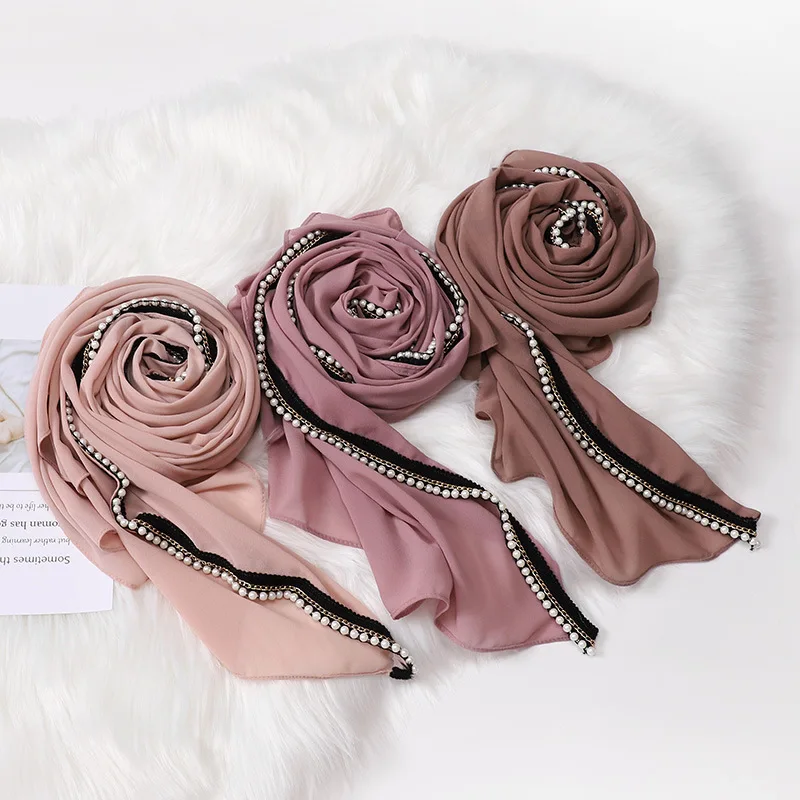 New Style Malaysia Indonesia Muslim Hijabs Pearl Chain Edge Bubble Chiffon Scarf Shawls for Women Hijab 2021