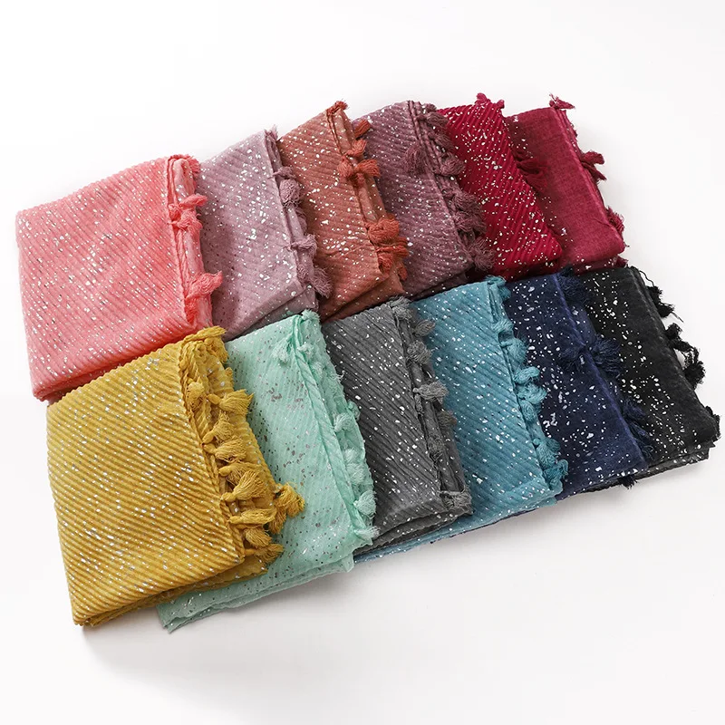 Sky Star White Bronzing Glitter Shinny Silver Sequins Cotton Linen Scarf Crinkled Plain Hijabs Muslim Tassel Shawls Head Wrap