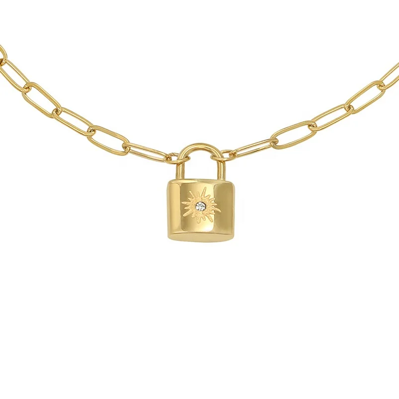 Gemnel wholesale 925 sterling silver gold plated mini lock 18-karat gold diamond dainty sparkle lock pendant necklace