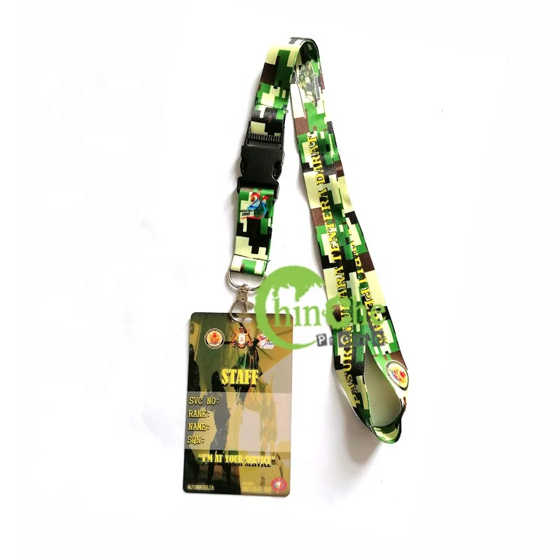 Custom logo full color sublimation print polyester Army military Camouflage lanyard strap with plastic pass badge