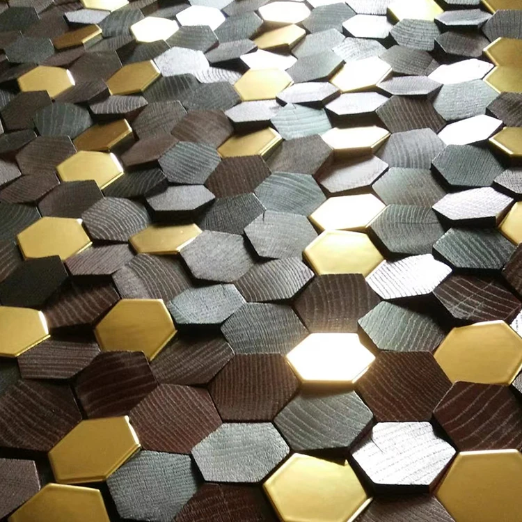 Hexagonal spliced colorful electroplated ceramic 3d wall panel interior solid oak wall panel