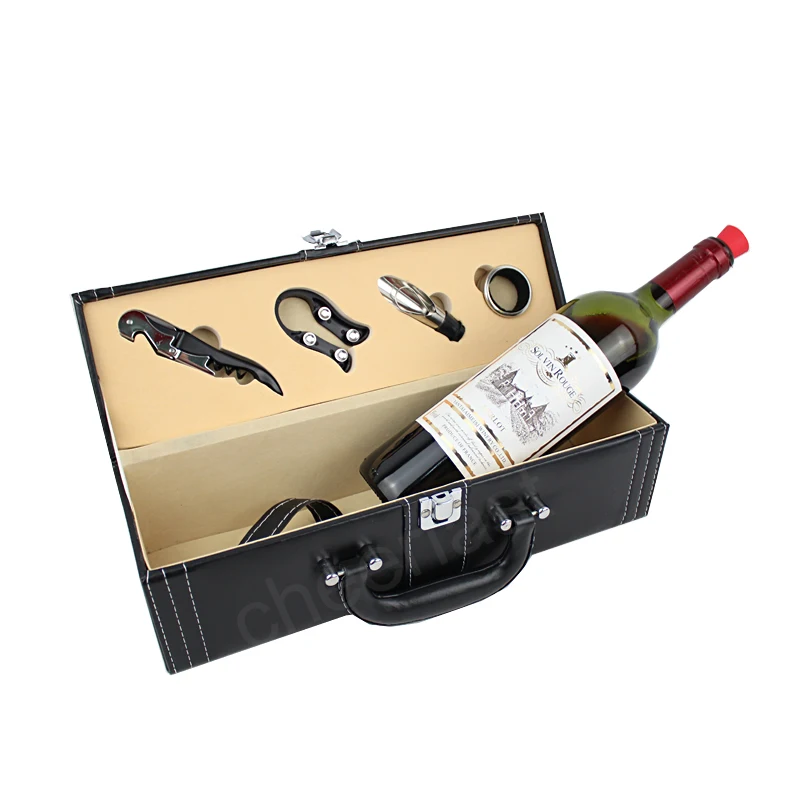 Father Day Gift 4pcs Tools Inside Wine Single Bottle Box PU Leather Premium Wine Carrier Case