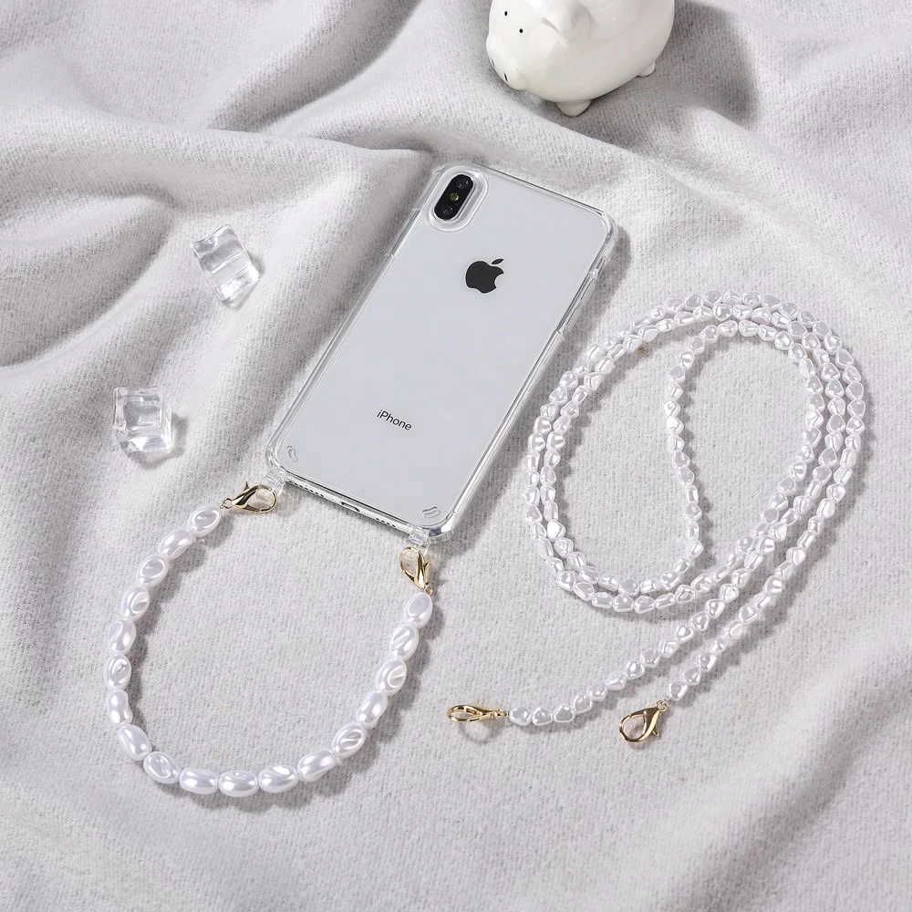 transparent hard back PC strap chain pearl beads cross body sling Phone case for Samsung  A42 5G A426B A72 5G A726B  A52 5G 526B