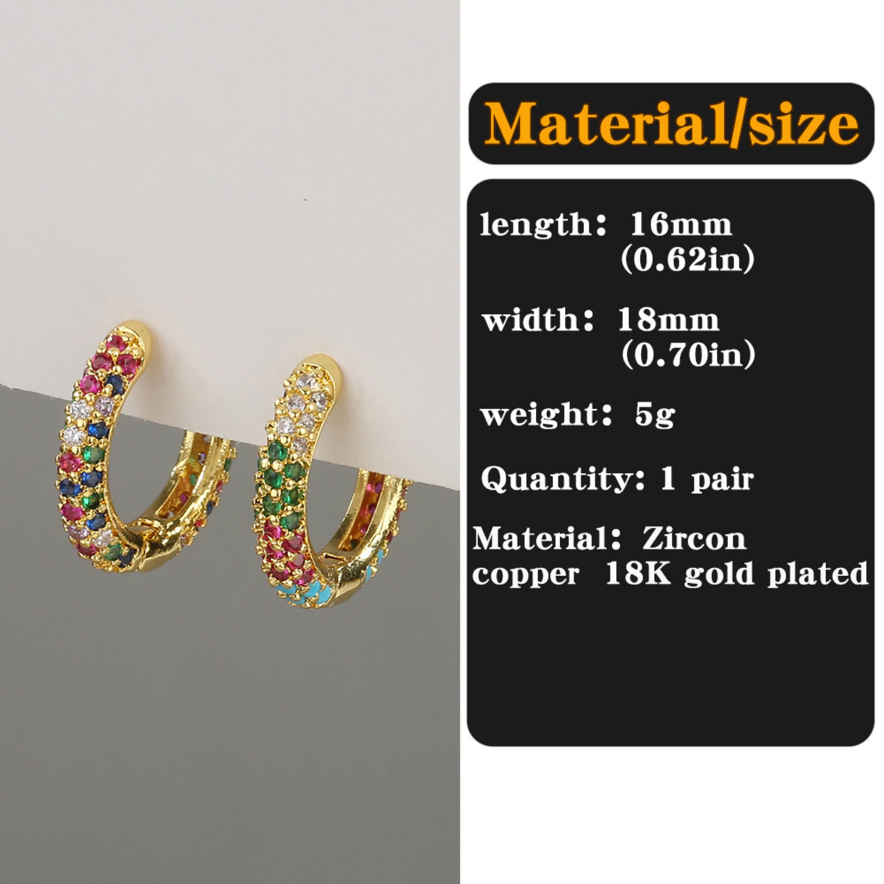 Fancy Hanging 16mm 18mm Zirconia Cartilage Earrings Ear Buckle Cool Girl Rainbow Boho Stud Upper Ear Earrings, Cuff Earrings