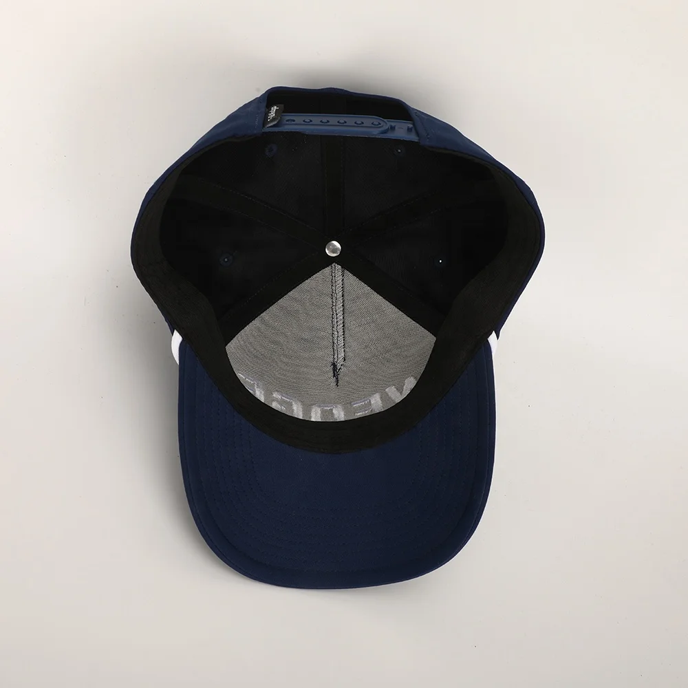Wholesale Custom 3D Embroidery  5 Panel Navy Blue Polyester Performance Sport Dad Hat Spandex  Gorras Rope Baseball Cap