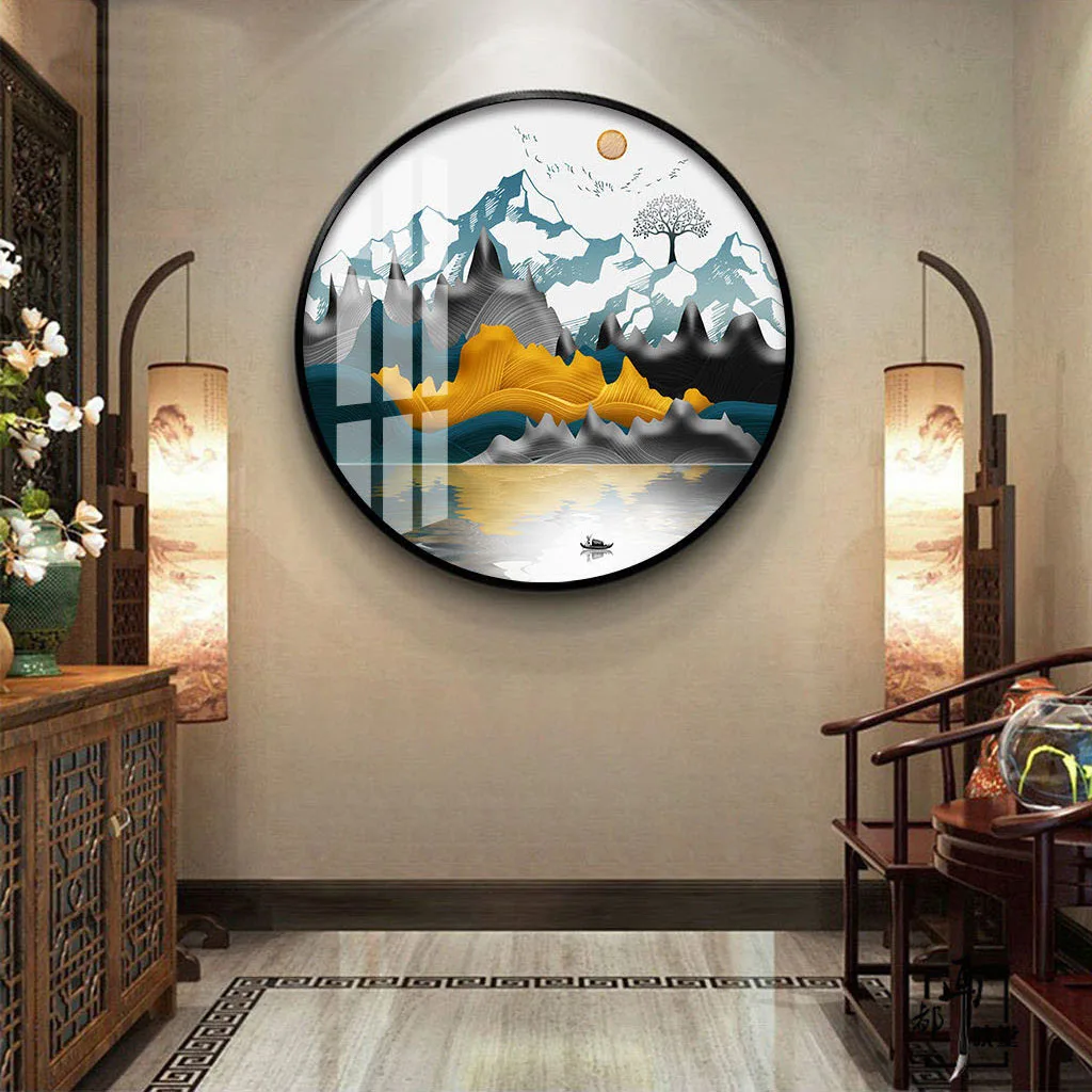 New arrival abstract gold ink and wash mountains and waters circle crystal porcelain painting room decor aesthetic artwork paint