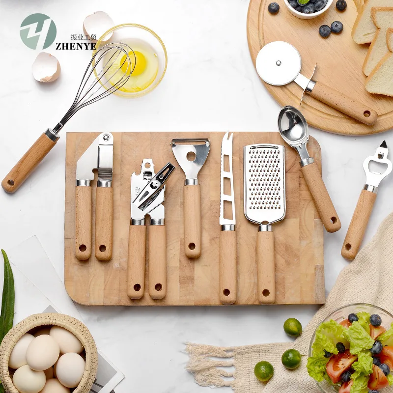 9 pcs set wood handle baking tools pizza cheese cutter bottle can opener stainless steel whisk kitchen gadgets