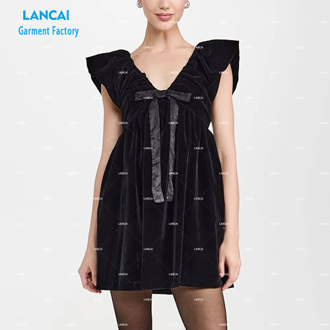 New Design Comfortable Velvet Deep V Neck Empire Waistline Women Mini Dress with Front Bowknot and Invisible Zipper