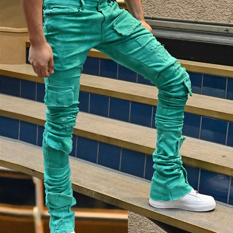 Wholesale custom jeans Outdoor Mid Waist Stacked Joggers Jeans Cargo Pants Trousers For Men