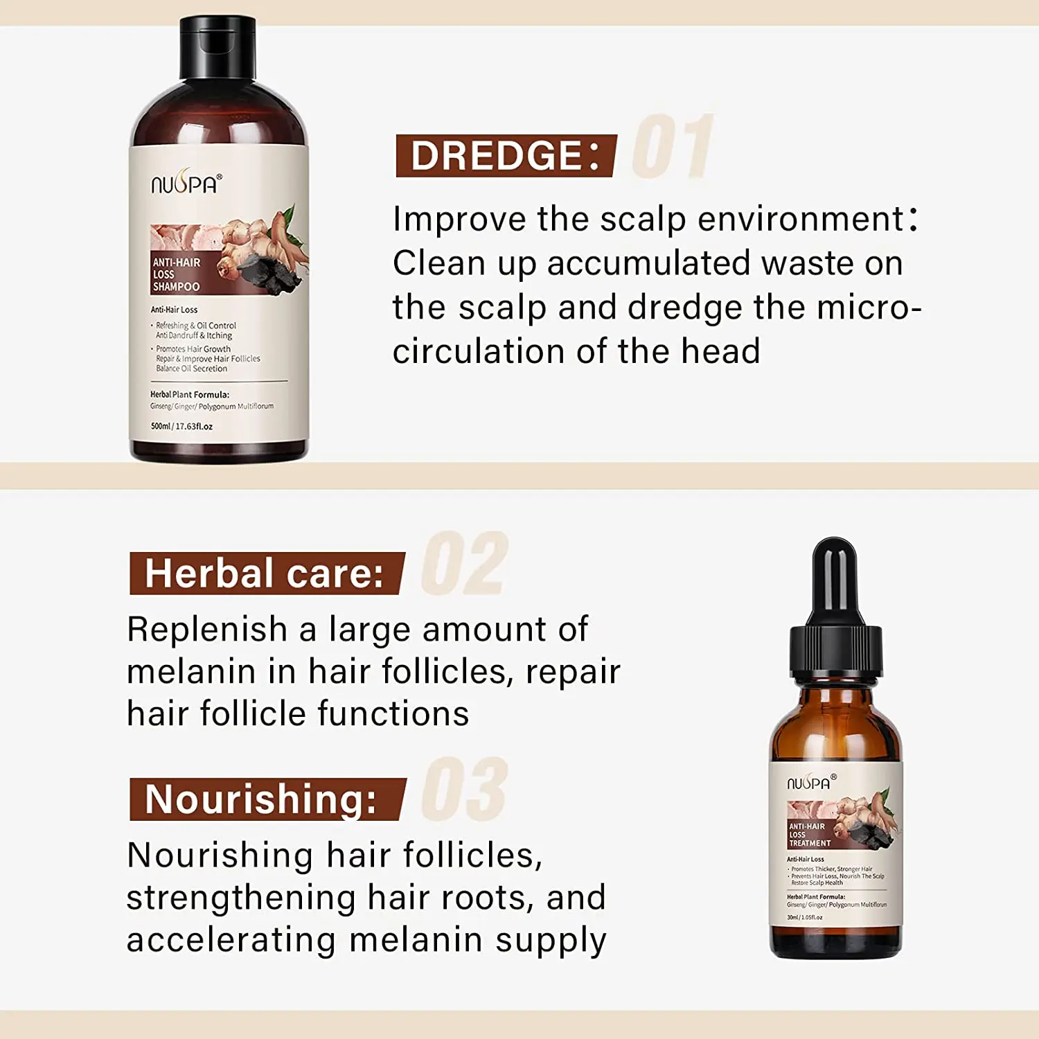NUSPA Wholesale Pure Herbal Care Set Hair Growth Massage Serum Anti Hair Loss Moisture Shampoo Hair Care Set