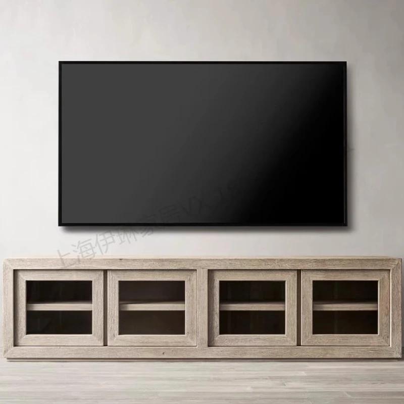 RH American country solid wood TV cabinet living room oak retro four-door locker against the wall storage cabinet custom