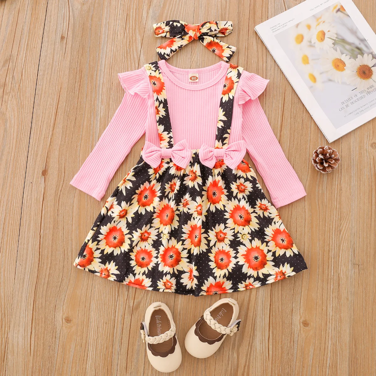2024 Baby girls Christmas jumpsuit long sleeve ruffled cotton rib patchwork plaid dress romper and headband  for  girl