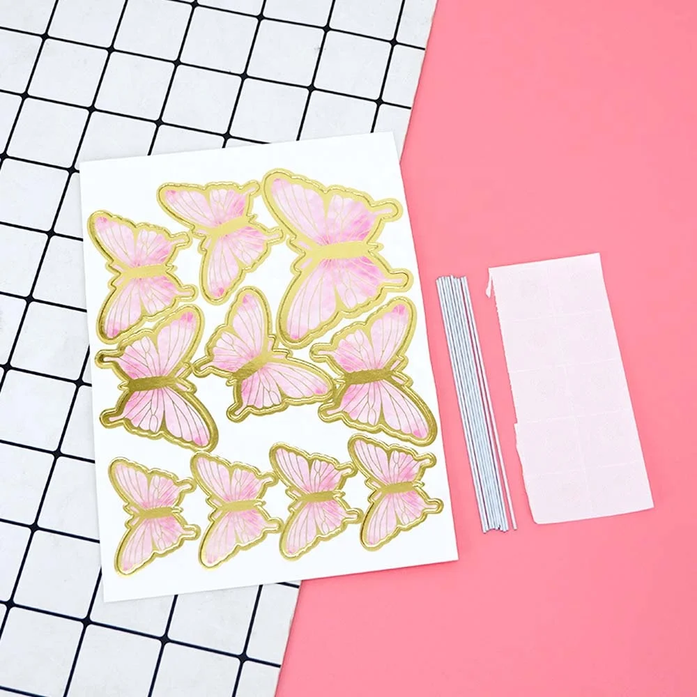10 Pcs/Pack 3D Bronzing Butterfly Paper Cake Topper Toppers Decor for Wedding Birthday Holiday Party Cupcake Decoration Supplies