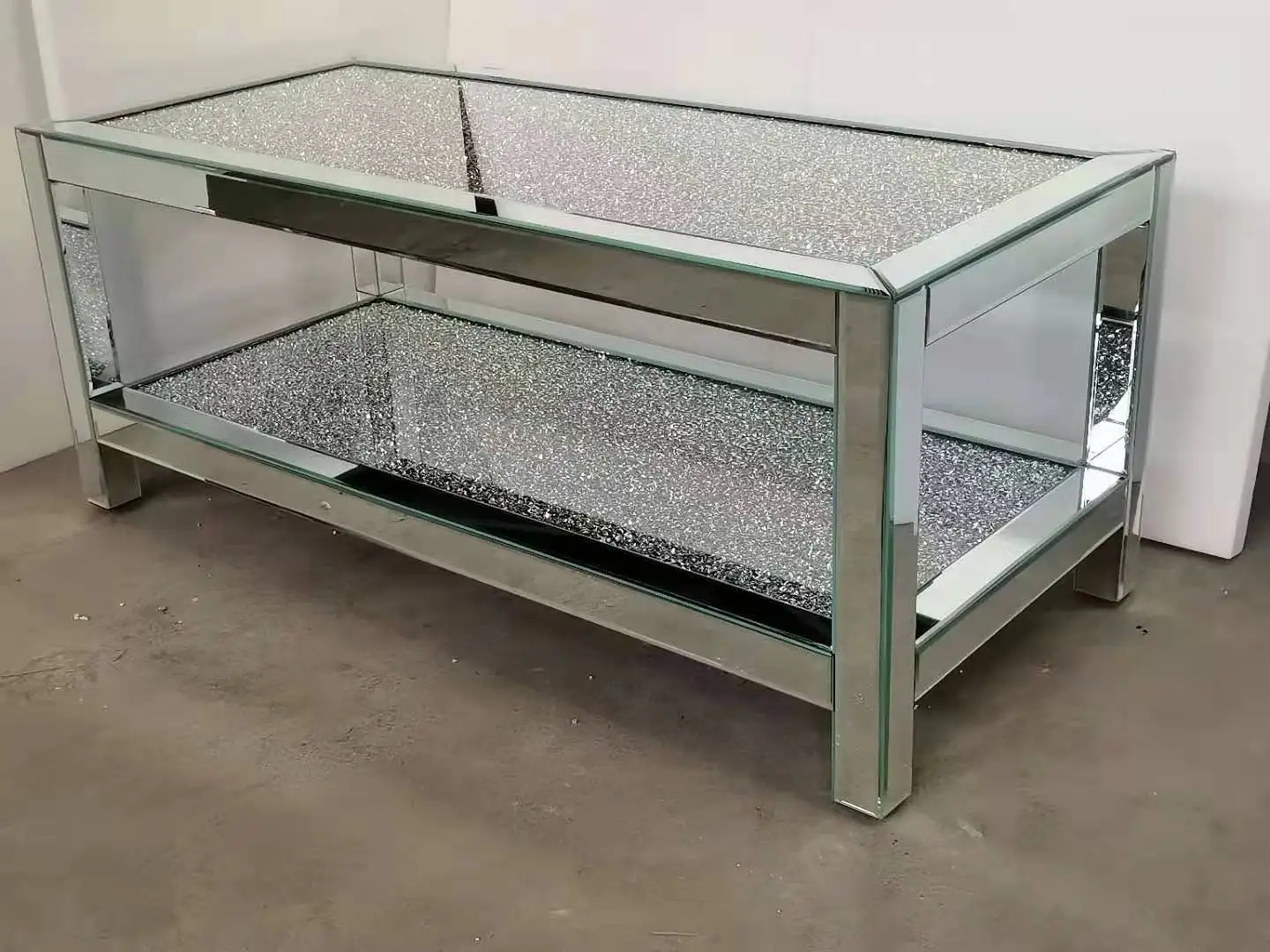 Luxury Fashion Style Sparkly Two Layers Silver Rectangle Crushed Diamond Mirrored Coffee Table for Home Hotel