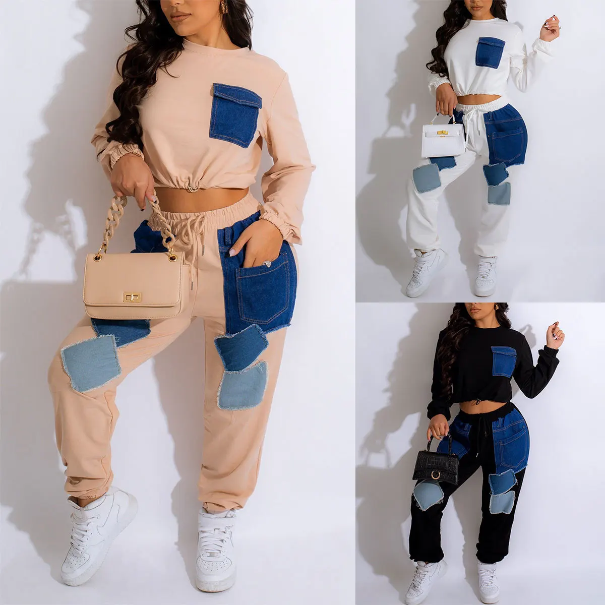 2023 New European&American Fashion Women Temperament Commuter Long Sleeve Sweatshirt Pants Set Splice Denim Color Contrast Suit