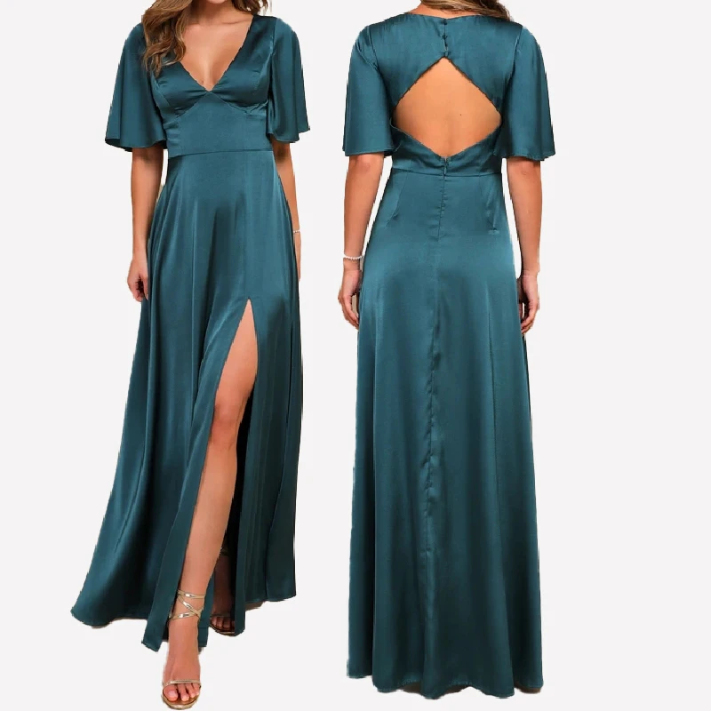 Elegant flutter sleeve v-neck cutout back satin long bridesmaid dresses with front slit
